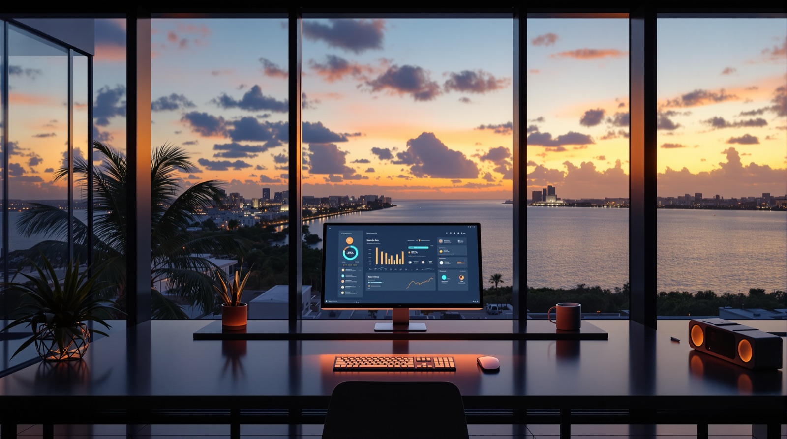 A quiet studio at dusk over the Intracoastal, one monitor showing an orderly dashboard