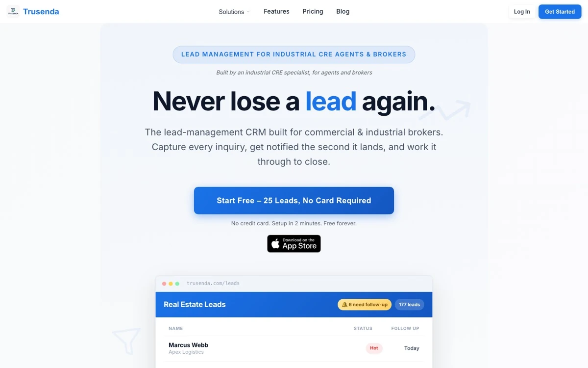 Trusenda's public product page explaining its commercial real estate lead-management workflow
